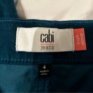 Size 4 cabi corduroy, rich teal pants. High waist skinny silhouette. Worn once!
